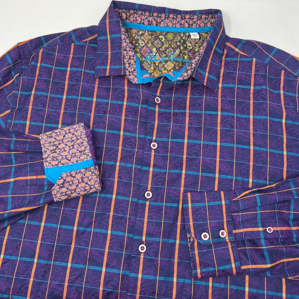 Robert Graham Mens 2XL Purple Orange Plaid‎ Paisley Button Up Shirt Long Sleeve